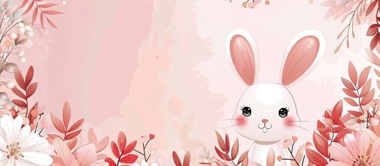 Canvas Print - A happy rabbit with whiskers is sitting among flowers in a field on a pink background. The petals of the plants are colorful, creating a cheerful scene reminiscent of the Easter bunny