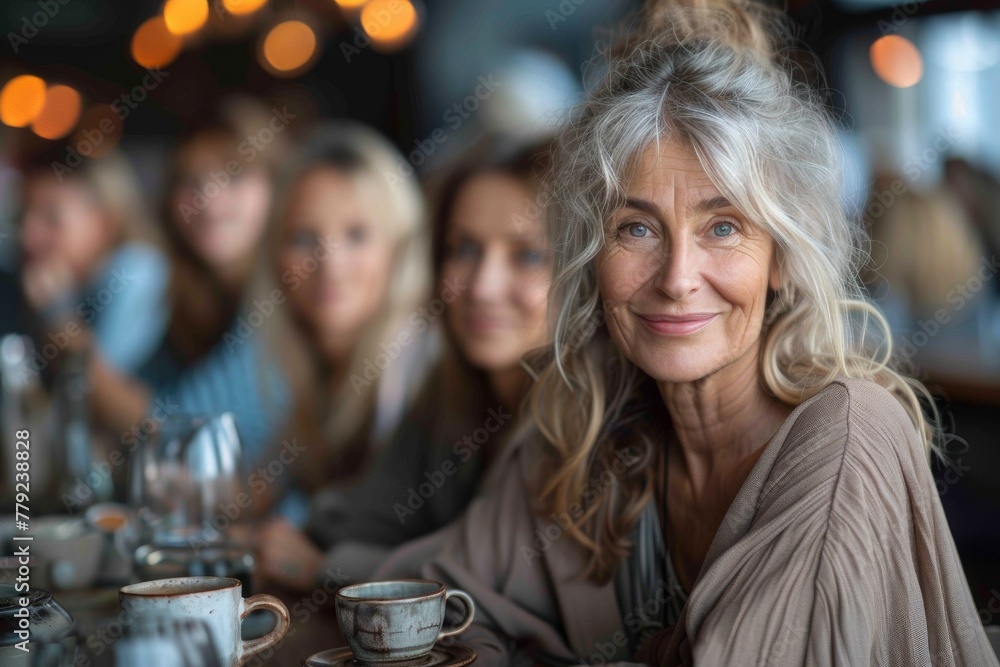 An older woman with grey hair smiling with friends over coffee in a ...