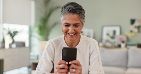 Canvas Print - Mature, woman and smartphone in home with smile, technology for search or online streaming. Social media, reading meme or typing in living room with internet chat, laughing in apartment for post