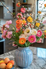 Poster - A blue vase stands tall, bursting with a plethora of colorful flowers in hues of red, orange, yellow, pink, and purple