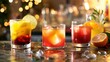 An alignment of tropical cocktails in vibrant colors, with condensation beads glistening, ready to quench summer thirsts and liven any party.