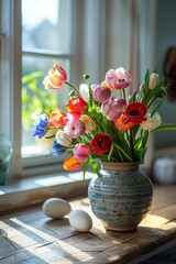 Poster - A vibrant vase overflows with an array of colorful flowers, creating a stunning visual display of natures beauty