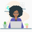Young woman working on laptop at home. Vector illustration