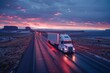 A semi-truck drives along a desolate highway during twilight, with a dramatic sky as a backdrop