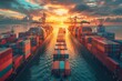 Twilight atmosphere envelops a container ship loaded with colorful cargo at a bustling sea port