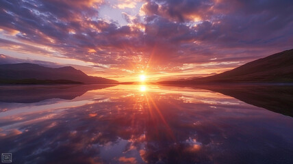 Wall Mural - A mesmerizing sunset reflecting on the glassy surface of a calm lake.