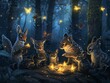 An afterhours snack exchange among forest animals, lit by fireflies