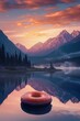 An electric donut hovering over a tranquil mountain lake at dawn