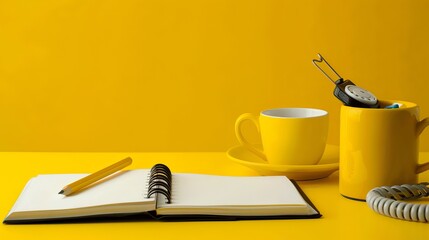 Wall Mural - Workspace of opened copybook near cup of pencil and pen with handset off hook of retro stationary telephone against yellow background