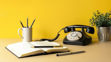 Workspace of opened copybook near cup of pencil and pen with handset off hook of retro stationary telephone against yellow background