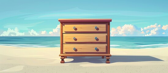 Wall Mural - A rectangular wooden dresser is situated on the sandy beach, next to the azure ocean. The sky is filled with fluffy clouds, reflecting on the liquid surface of the water