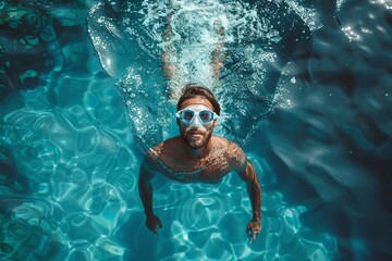 Top view of a man with swim gear swimming in a clear blue pool casting a shadow