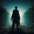 Silhouette of a cloaked monster, alien, creature in a cornfield.