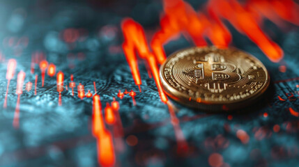 Wall Mural - Bitcoin coin in the foreground with a blurred background of a downward trending financial chart.