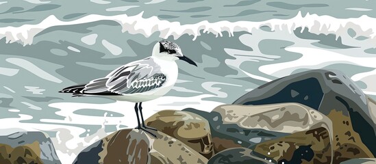 Wall Mural - A seabird, belonging to the Charadriiformes order, perches on a rock by the ocean. Its beak is pointed towards the water, as wind waves create fluid motion in the background