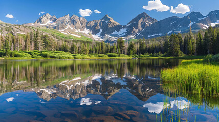 Wall Mural - A picturesque mountain lake reflecting the surrounding peaks.