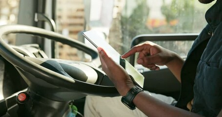 Canvas Print - Black man, truck and hands on tablet for delivery schedule, courier app and logistics management with dispatch system. Person and digital technology for tracking or online updates and distribution.