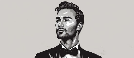 Wall Mural - A blackandwhite art piece of a man in a tuxedo and bow tie, with a prominent forehead, defined chin, and a beard. His eyebrow raised in gesture, jawline sharp, and wearing eyewear in monochrome