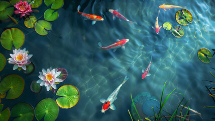Wall Mural - A tranquil garden pond with colorful koi fish swimming beneath lily pads.