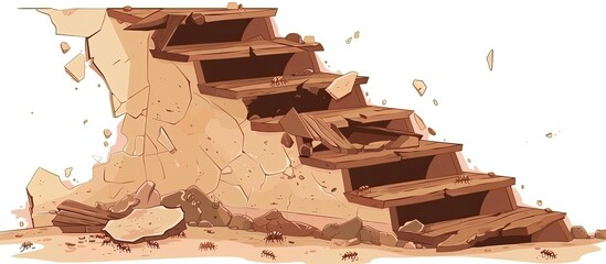 Canvas Print - A cartoon illustration of hardwood stairs breaking through a building wall, showcasing the engineering and artistic use of wood as a building material in a unique landscape event