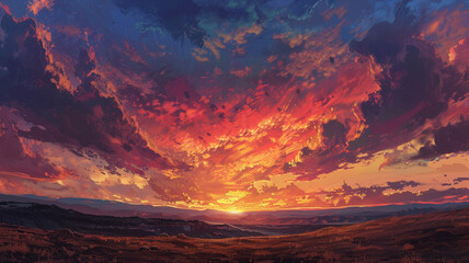 Wall Mural - A breathtaking sunset casting warm colors across a cloud-streaked sky.
