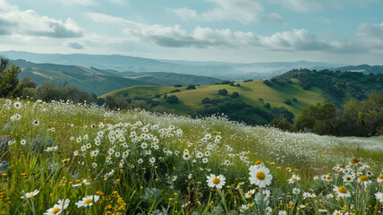 Wall Mural - A picturesque countryside landscape with rolling hills and blooming wildflowers.