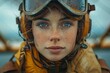 Artful representation of a female pilot with freckles wearing a vintage aviator helmet and goggles