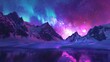A breathtaking display of the Aurora Borealis illuminates the night sky over a serene snowy mountain landscape, with vivid hues reflecting on the icy waters
