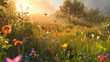A sunlit meadow filled with colorful wildflowers and buzzing bees.