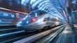 A futuristic silver bullet train speeds through a sleek, modern tunnel, embodying advanced technology and fast-paced travel
