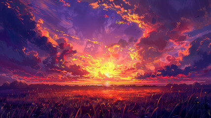 Sticker - A golden sunset painting the sky with hues of orange and purple as the sun dips below the horizon.