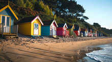 A Row Of Colorful Beach Huts Nestled Along The Shoreline Of A Sandy Beach.