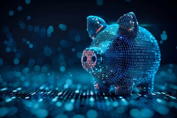 blue digital  piggy bank with binary code stream, ai  in financial management systems, budgeting apps, investment platforms, and personalized savings strategies.
