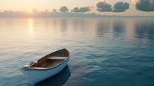 A Tiny Fishing Boat Floats On Calm Summery Seas
