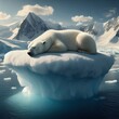 a polar bear is laying on an ice floe with mountains in the background