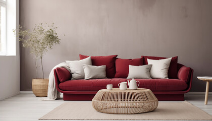 Wall Mural - Elegant living room interior with red velvet sofa wicker table and potted plant