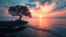 A Tree Is Standing On A Rocky Shoreline By The Ocean. AI.