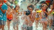 Handsome photographer is running forward, surrounded by happy girls holding water guns and singing to celebrate Songkran in Thailand