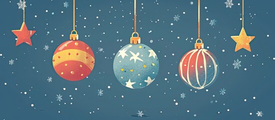 Wall Mural - Water, World, Azure, Sky, Liquid, Organism, Font, Astronomical object, Circle, Science. Christmas ornaments suspended on a line against a blue backdrop