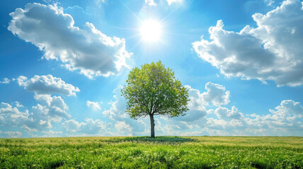 Sticker - A lone tree standing tall in a vast field, reaching up towards the bright, sunny sky above.