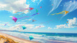 Colorful kites soaring high above a beach on a windy summer day.