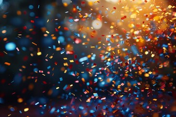 Wall Mural - the image depicts a lively burst of colored confetti pieces scattered across a dark backdrop represe