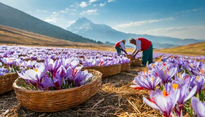 Wall Mural - An image depicting the delicate process of harvesting saffron threads from crocus flowers