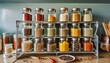 An organized display of spices arranged neatly on a wooden spice rack, with jars and contain
