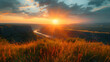A beautiful sunset over a grassy hillside with a river in the background. AI.