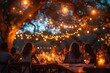 Friends gathered around a festive table outdoor, enjoying a meal under warm string lights at dusk