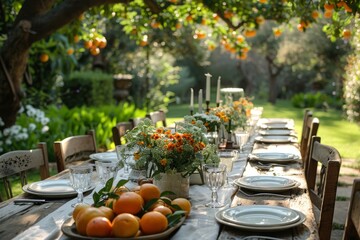 Peaceful and serene outdoor dining set among blooming orange trees for a fresh and natural eating experience