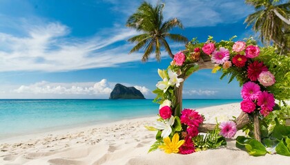 Wall Mural - Beautiful beach sign with flowers with copy space