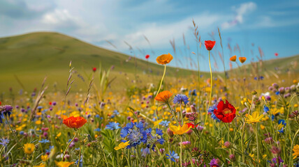 Wall Mural - A vibrant array of wildflowers swaying gently in a summer breeze against a backdrop of rolling hills.