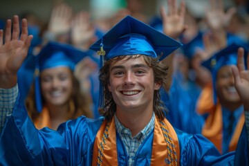 Sticker - A joyful male graduate in blue cap and gown raises his hands in celebration among classmates